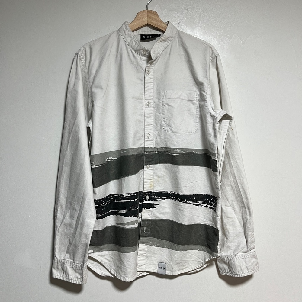 NICCE London White Painter Stripe Button-Up Shirt - Size M - Banded Collar